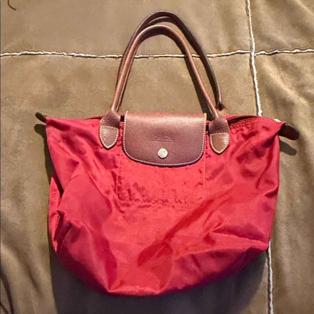 Longchamp Red Tote Bag with Brown Accents